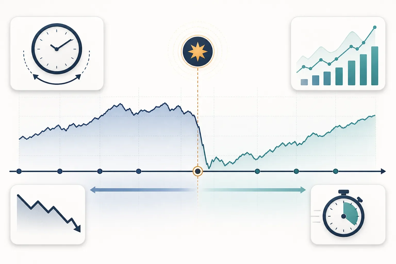Landscape timeline infographic showing a central event marker, shaded pre/post windows, a BTC price line drop, and four icon panels for window, return/volatility, drawdown and exposure.
