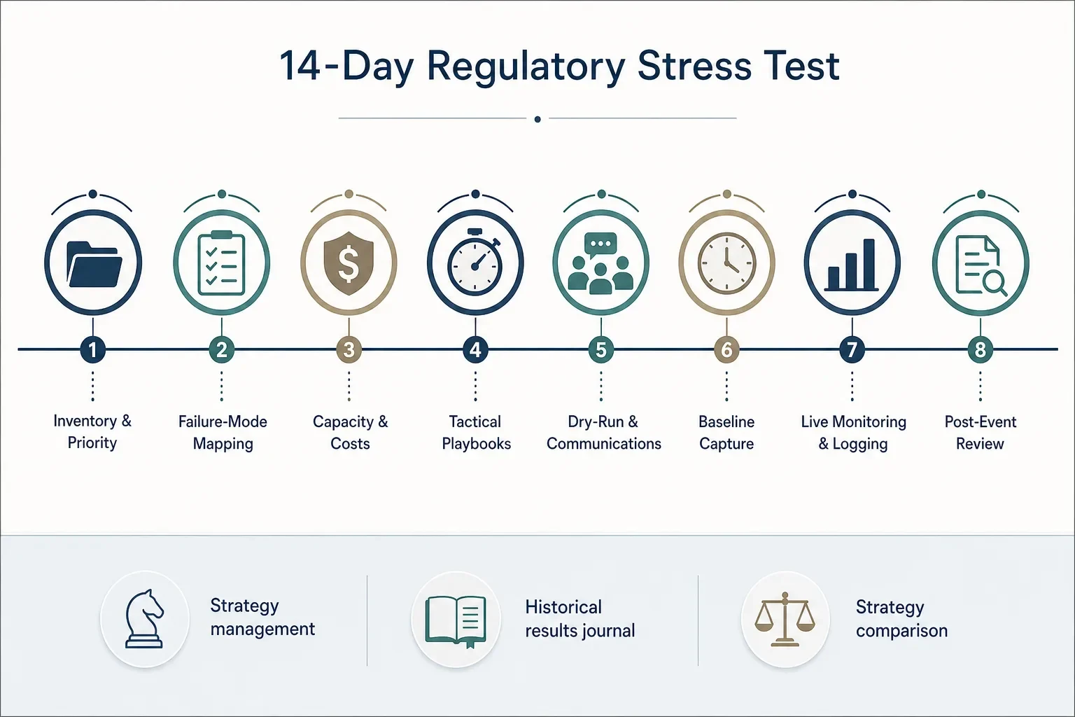 Timeline infographic showing an 8‑step 14‑day regulatory stress‑test checklist with icons for inventory, failure modes, capacity, playbooks, dry‑run, baseline, monitoring and review.