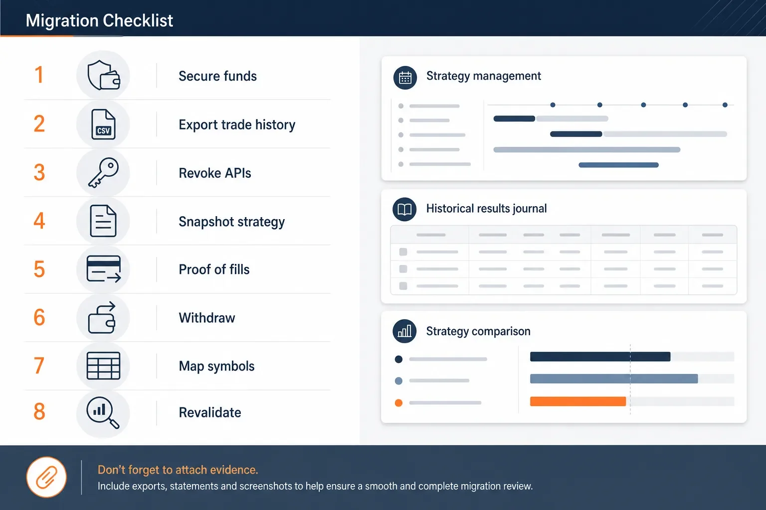 Landscape infographic showing an eight‑step migration checklist with numbered icons and three small app panels for Strategy management, Historical results journal, and Strategy comparison.
