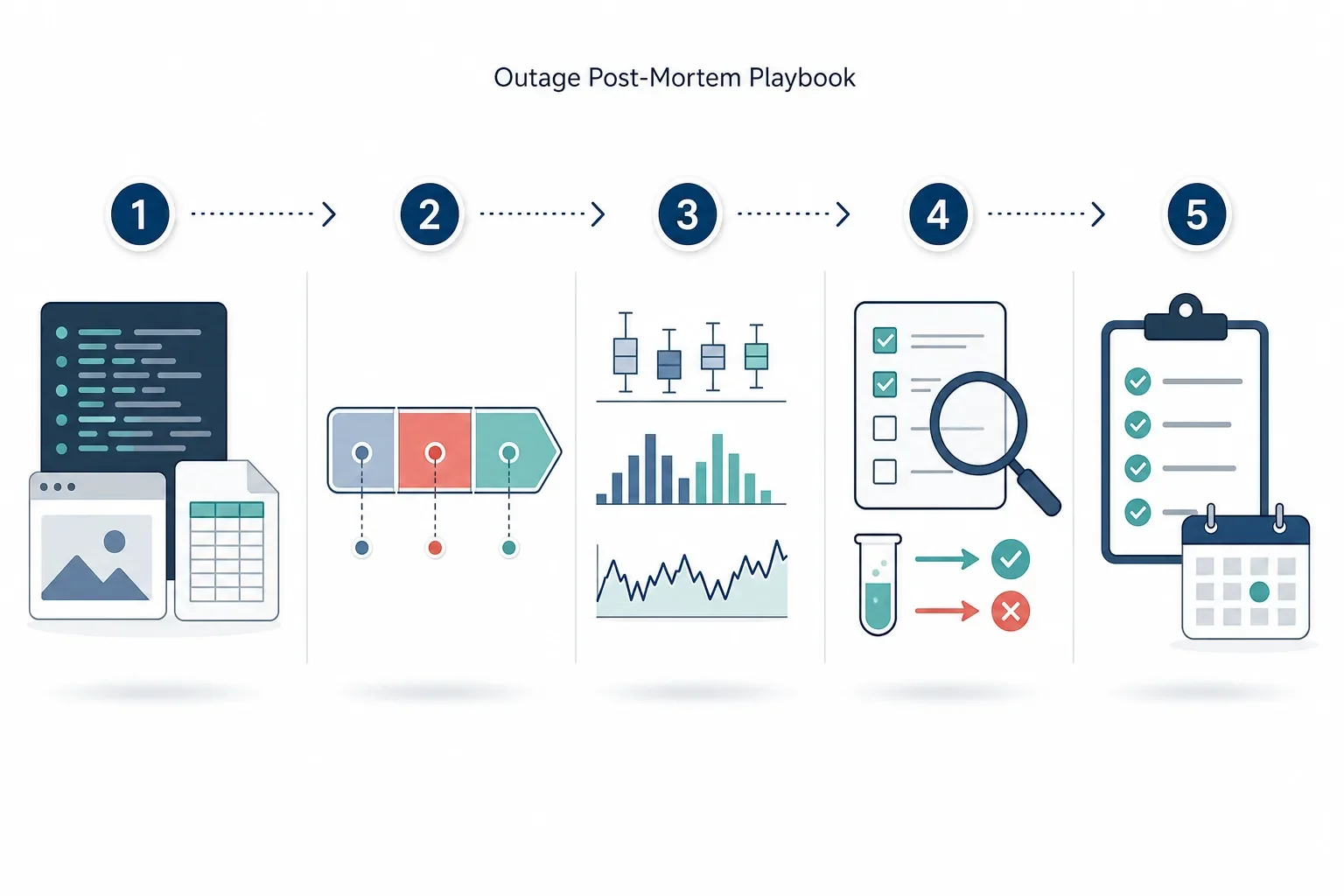 Infographic flow showing a five‑step outage post‑mortem playbook using icons for evidence, timeline, metrics, hypotheses and actions.