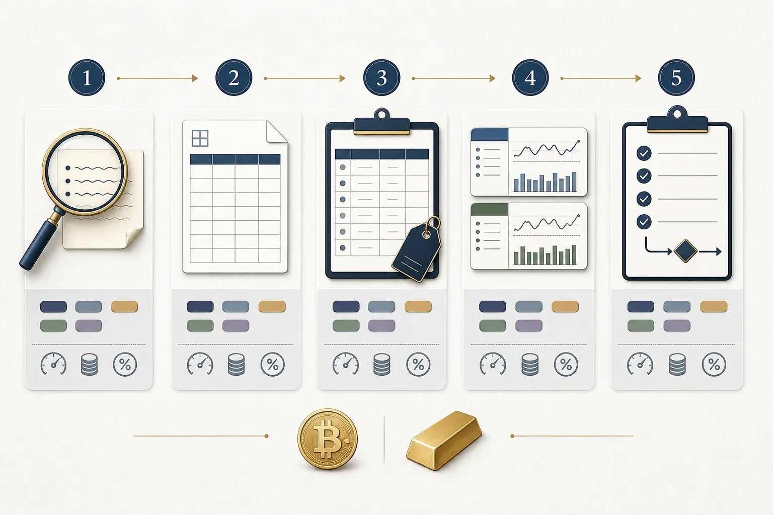 Landscape infographic with five step panels showing icons for hypotheses, CSV strategy template, trade log, comparison cards and decision checklist.