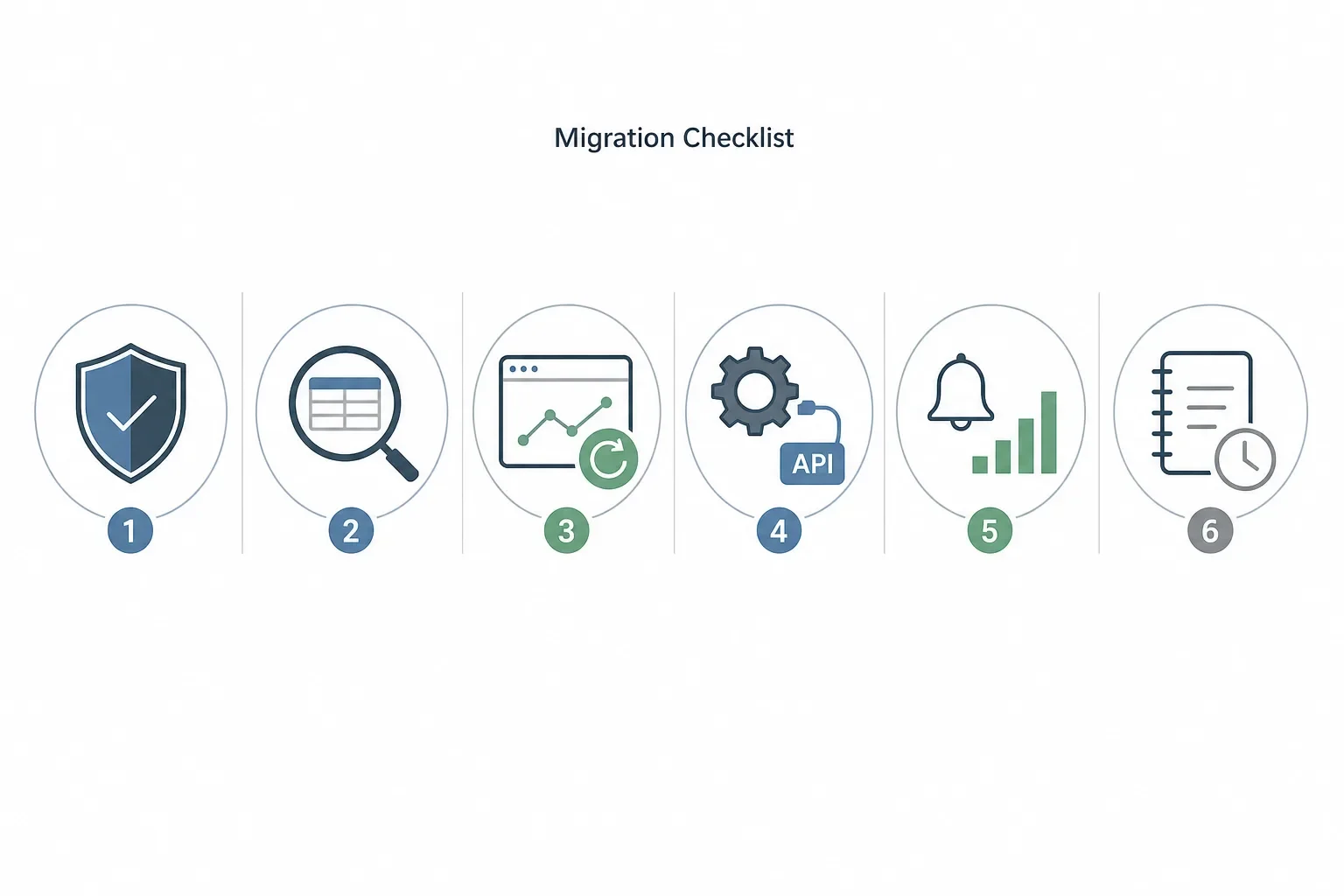 Landscape infographic with a short headline and six pictographic tiles for stabilize, shortlist, revalidation, reconfigure, monitor and document.