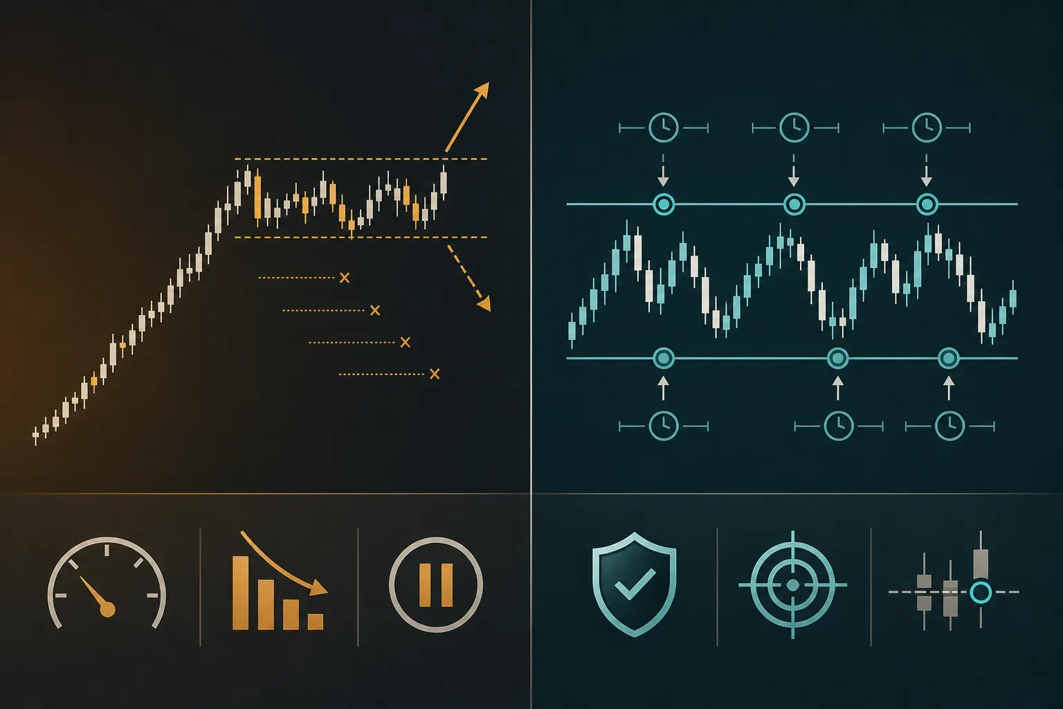 Side-by-side illustration comparing a momentum breakout strategy and a mean-reversion strategy during a rally-to-range transition.