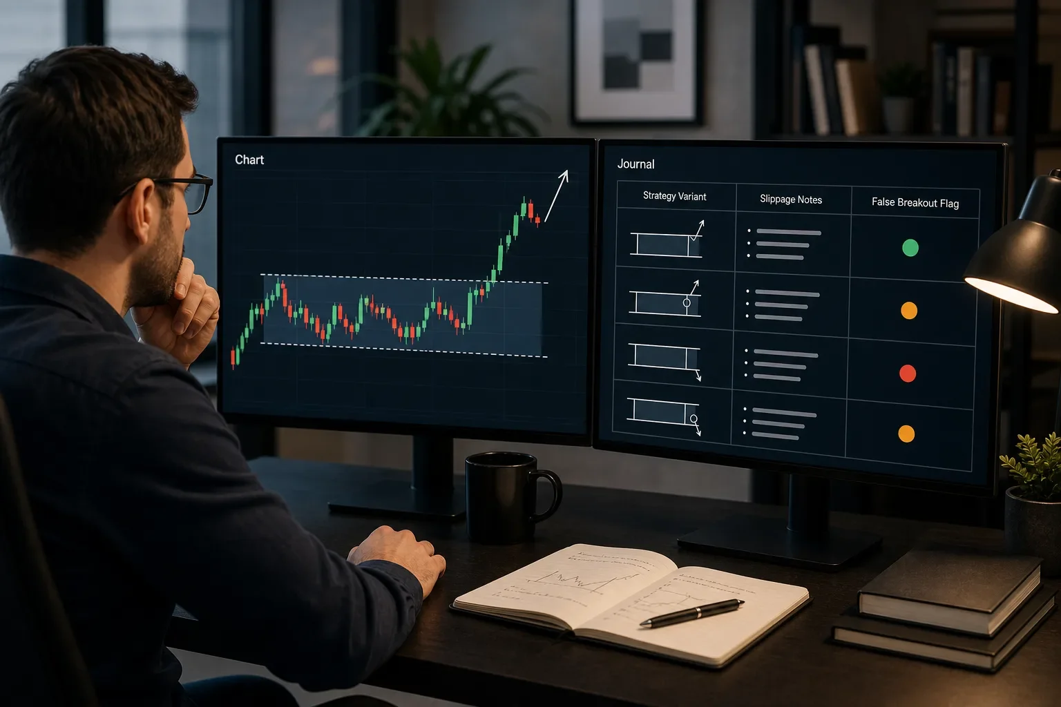 Illustration of an analyst at a desk viewing a BTC candlestick chart and a backtest journal panel on two monitors, indicating documentation and decision support.