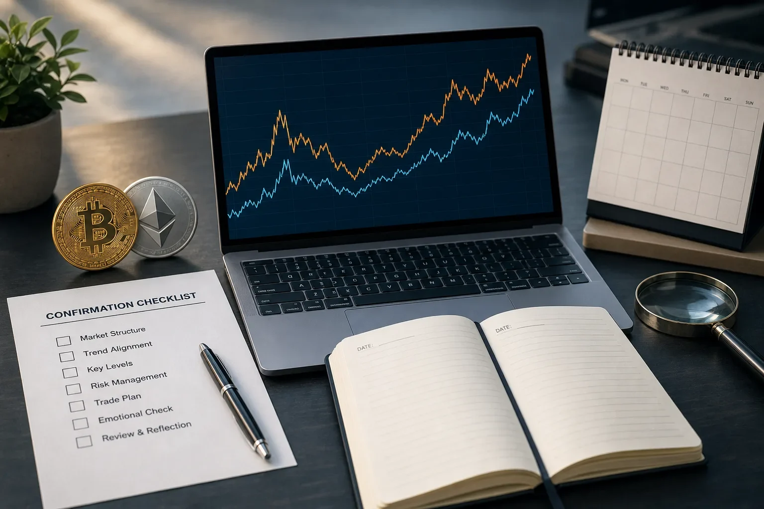 Overhead desk scene: laptop with stylized ETH/BTC chart, checklist, open trade journal and calendar for documenting experiments.