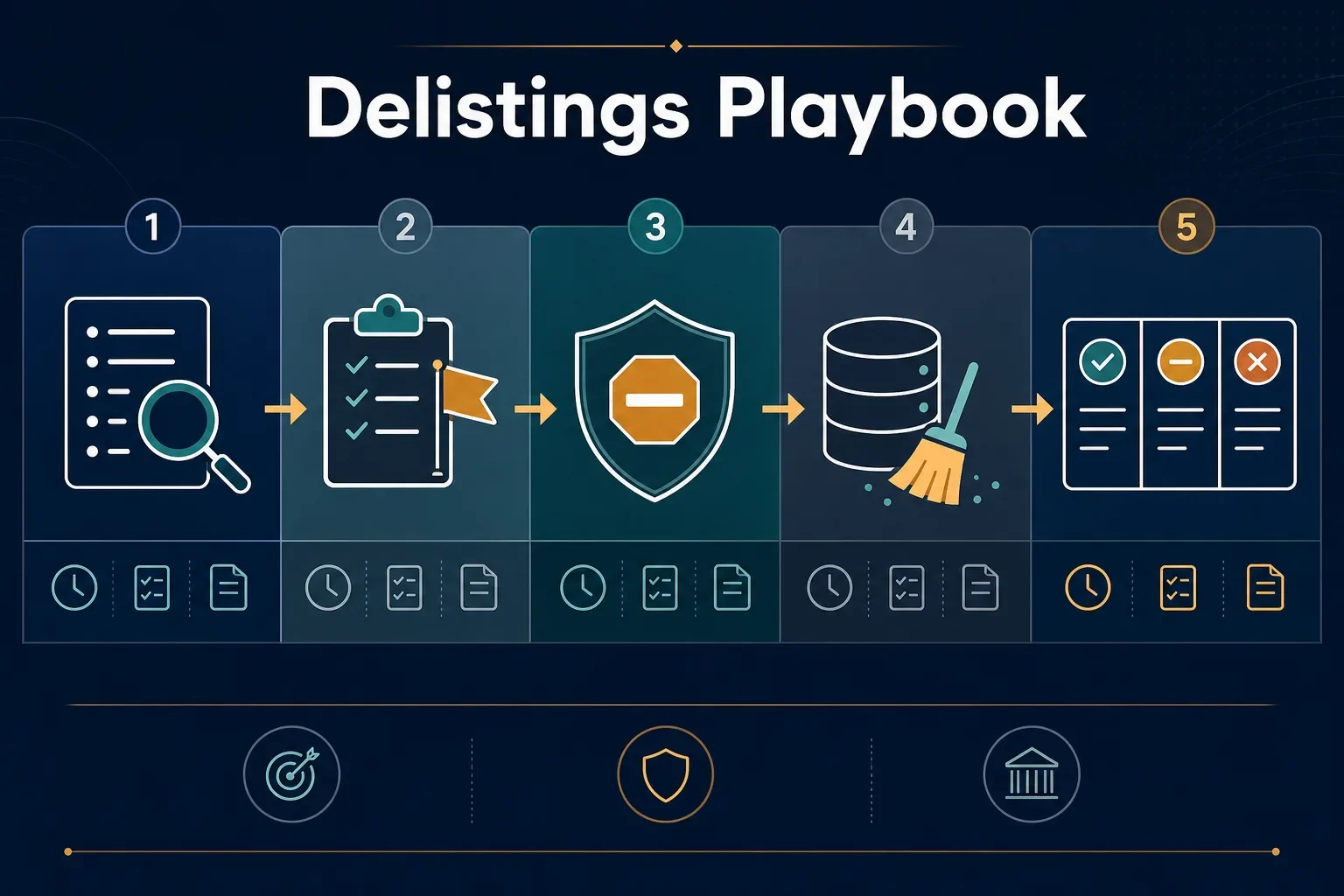 Horizontal infographic showing five illustrated workflow stages for detecting and responding to exchange delistings.