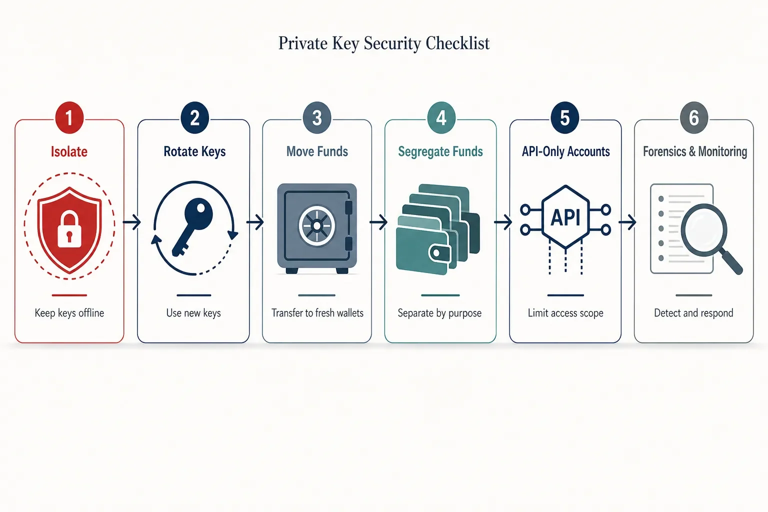 Six-step infographic showing checklist steps: Isolate, Rotate Keys, Move Funds, Segregate Funds, API-Only Accounts, Forensics & Monitoring.