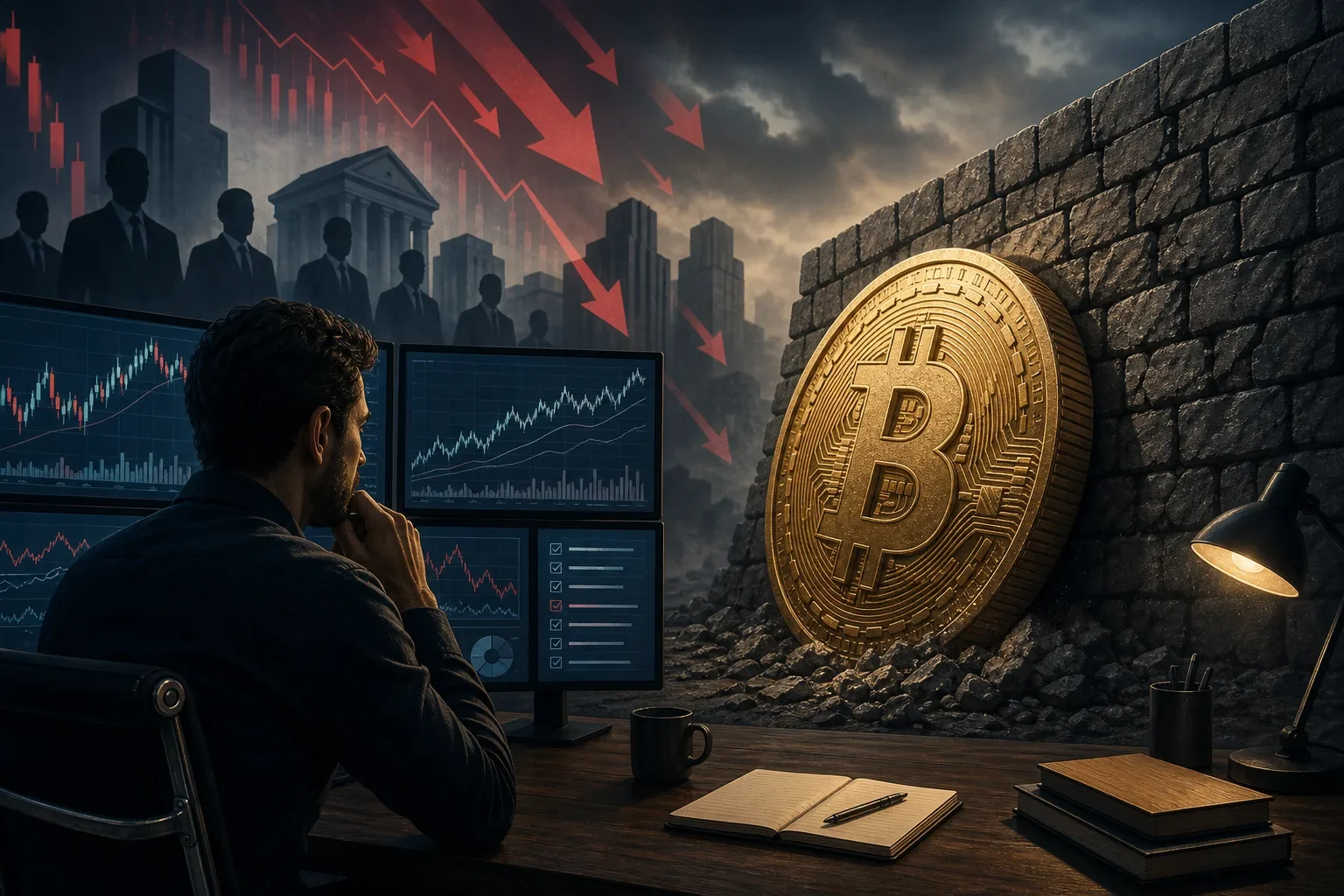Editorial illustration of a trader analyzing charts as a large bitcoin-like coin stalls against a textured resistance wall with downward market pressure.