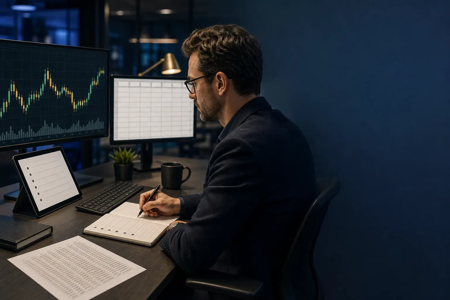 Analyst at desk with multiple screens: candlestick chart, spreadsheet-like grid and a notebook, illustrating strategy documentation workflow.