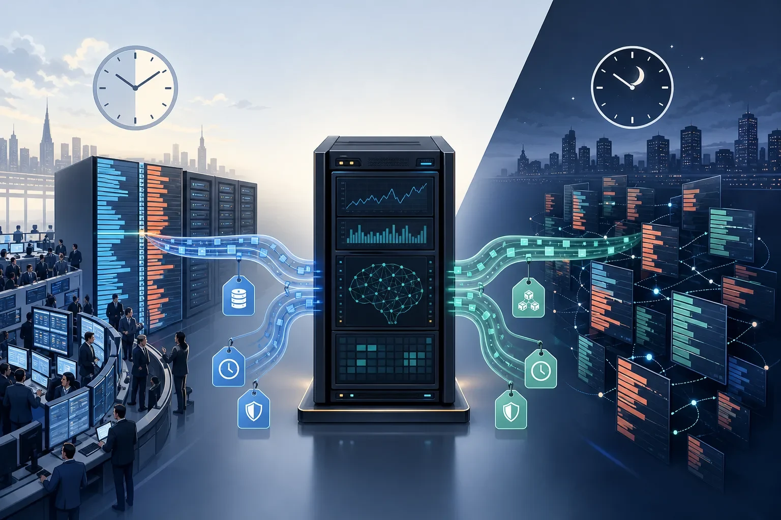 Stylized landscape illustration of separate exchange and token venues linked by data pipelines into a central backtest server.