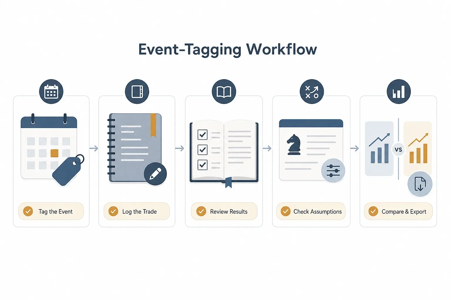 Horizontal infographic showing a five-step event-tagging workflow with icons for calendar, journal, checklist, strategy card and side-by-side comparison.