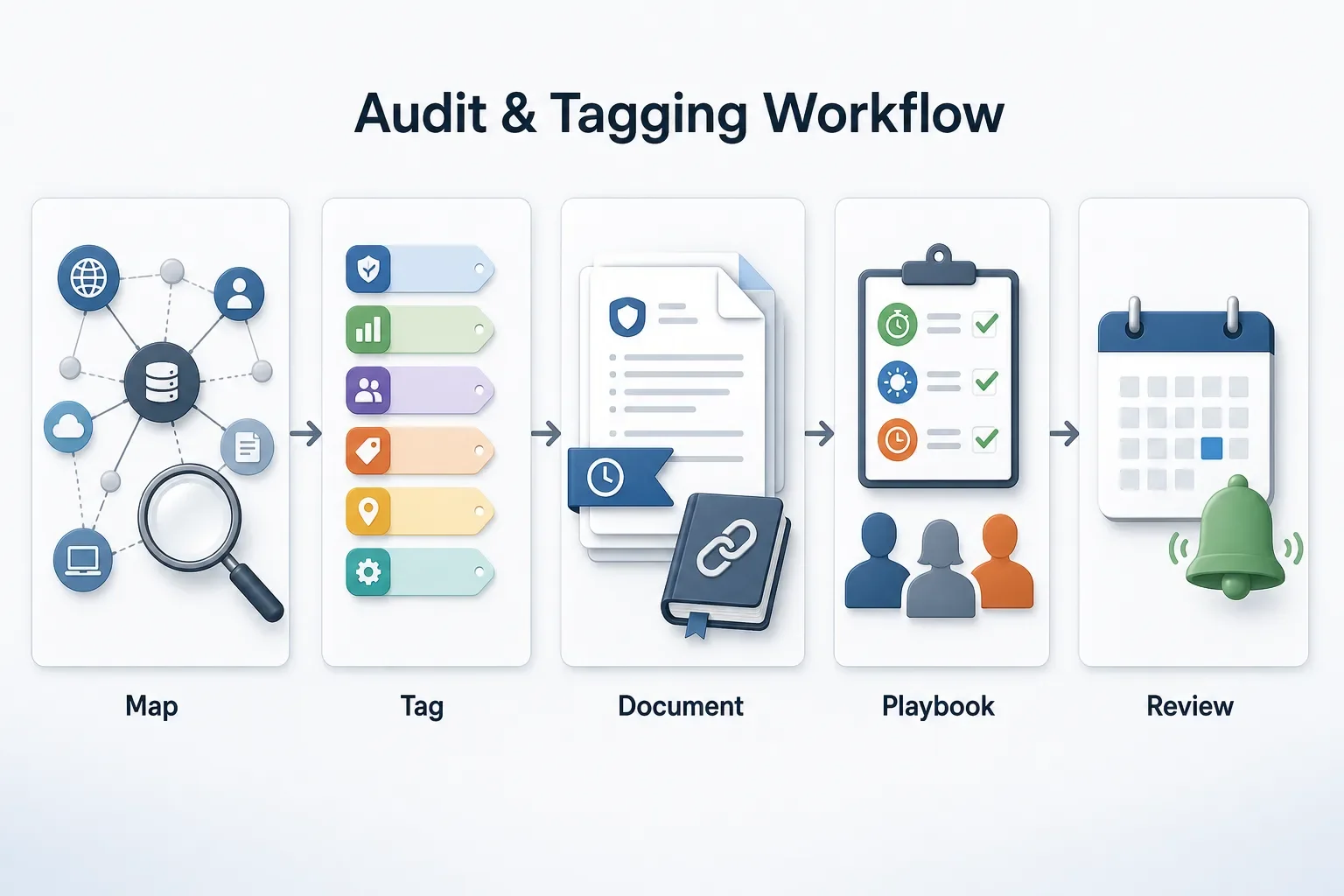 Landscape infographic with five panels showing mapping, tag chips, versioned documents and journal, playbook checklist, and calendar review triggers.