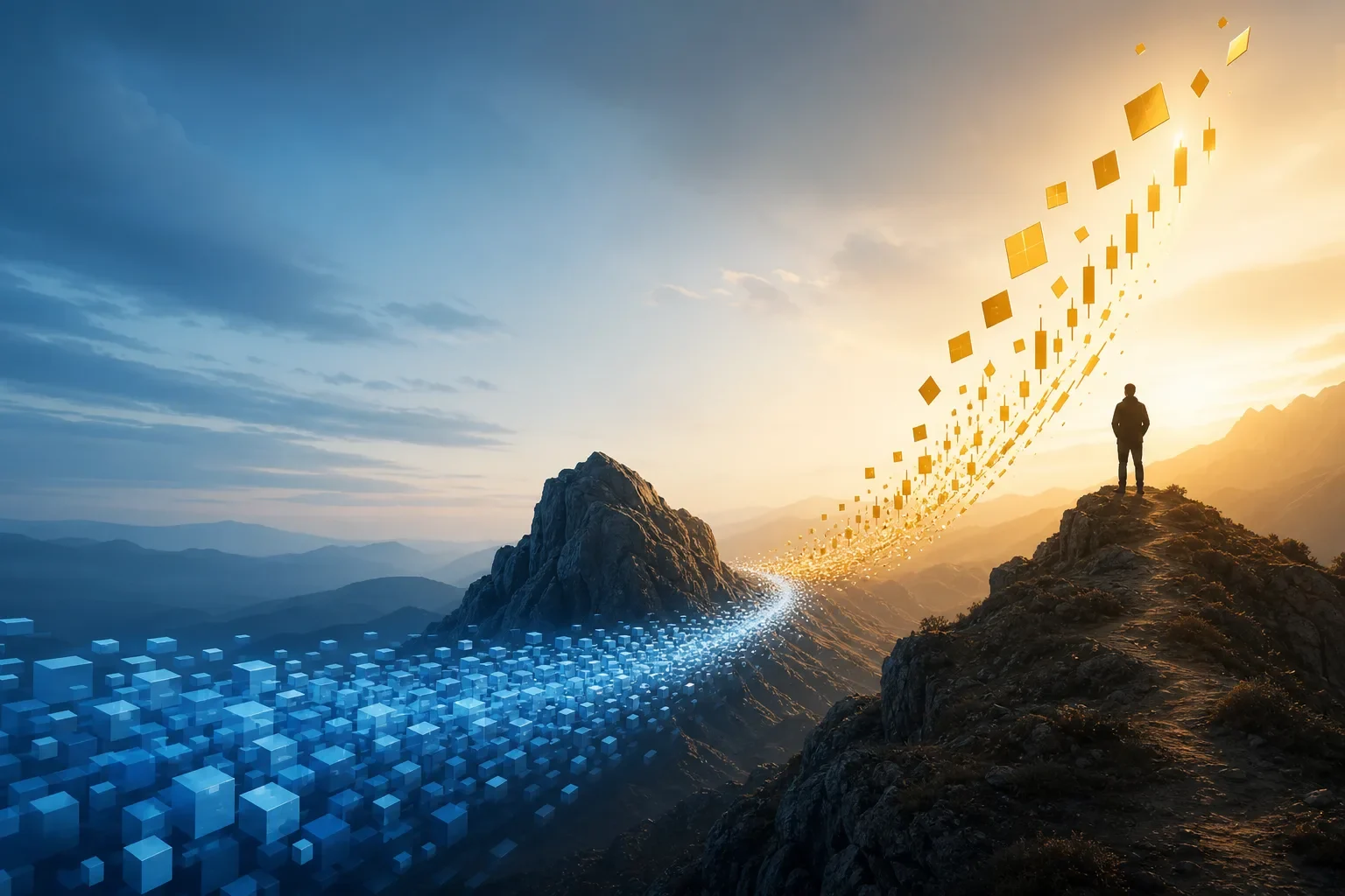 Illustration of a cool blue capital stream diverting into a warm golden upward streak, a metaphor for capital rotation and crypto breakout.