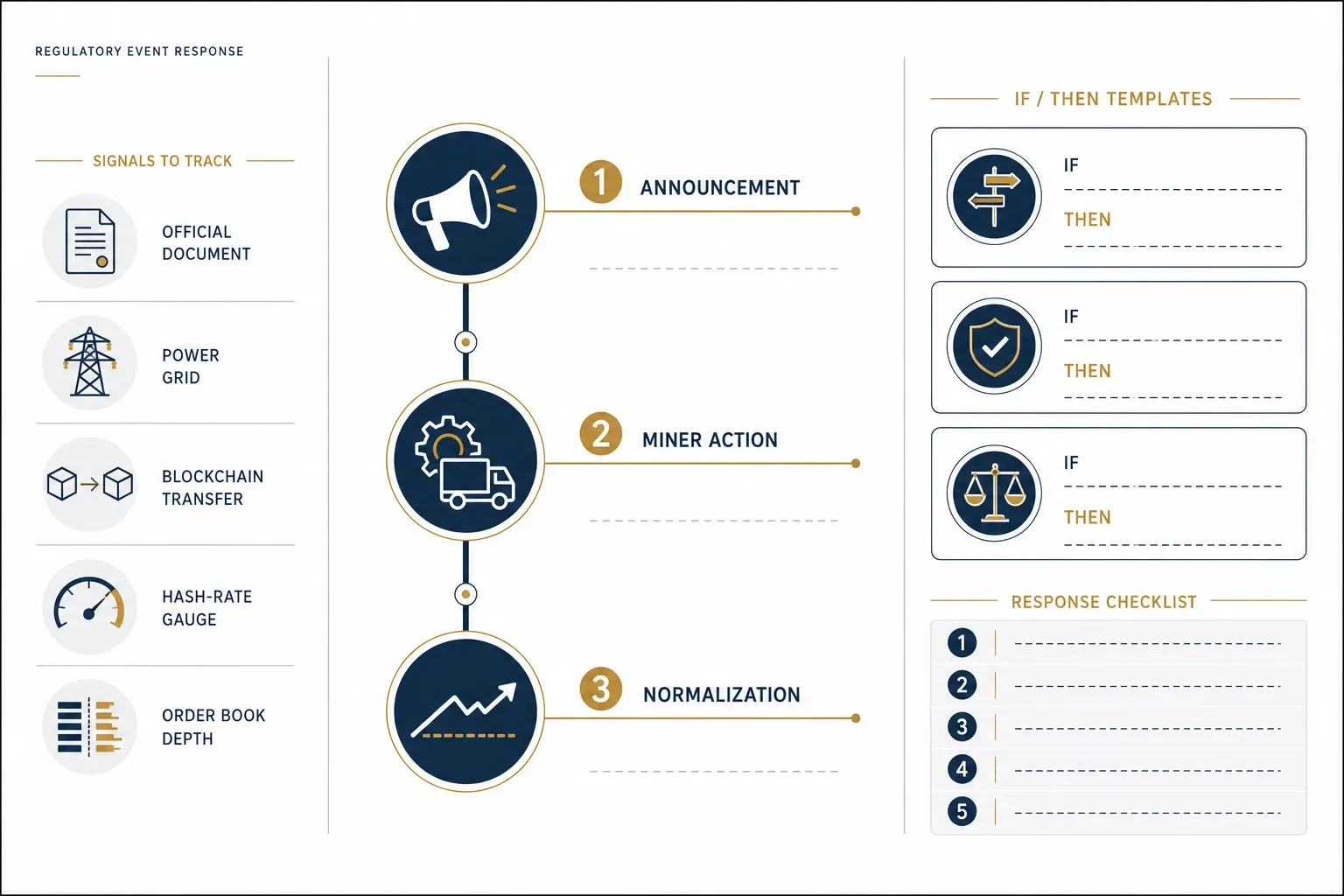 Landscape infographic showing a timeline, three if/then panels and a regulatory checklist with icons for announcements, miners, grid and on-chain signals.