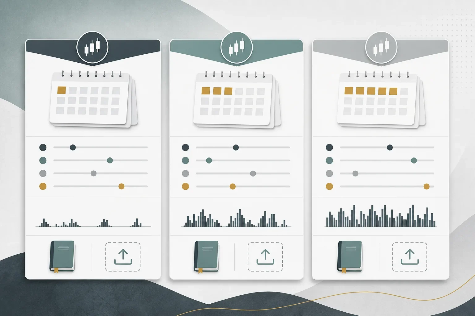 Three clean side-by-side comparison cards showing abstract strategy parameters, charts and journal icons for comparing streak variants.