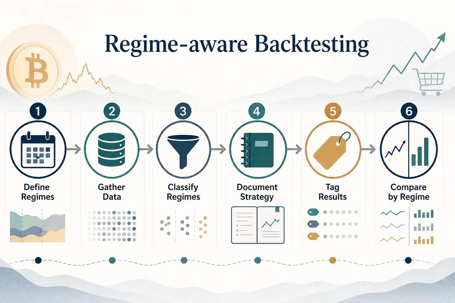 Horizontal infographic showing six illustrated steps for regime-aware backtesting workflow, connected by arrows.