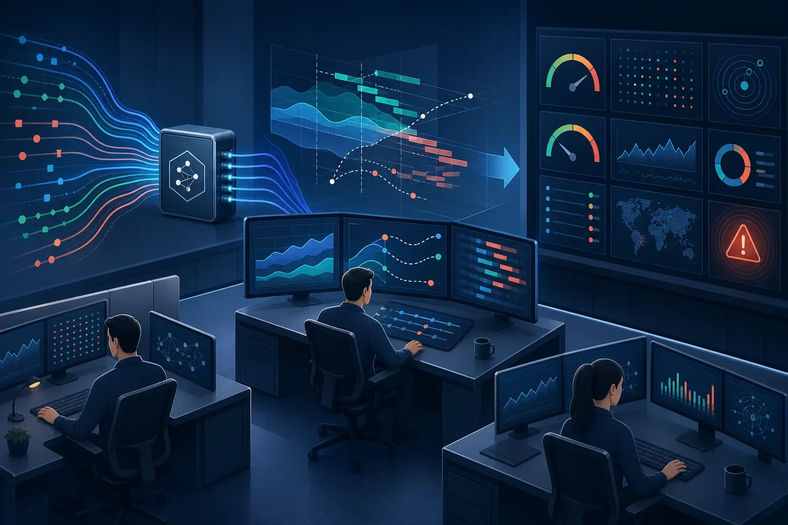 Editorial illustration of a quant ops pipeline: market feed into connector, execution simulation at a console, and a monitoring dashboard, shown as schematic flows.