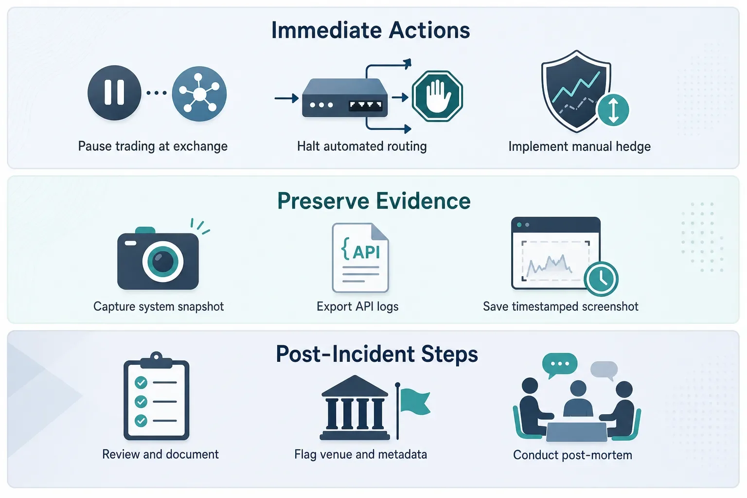 Landscape infographic with three bands: Immediate Actions, Preserve Evidence, and Post‑Incident Steps, each with simple icons and short labels.