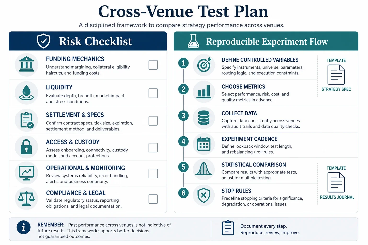 Infographic with a risk checklist and numbered experiment flow for cross‑venue perpetual‑futures testing, with icons for funding, liquidity, settlement and templates.