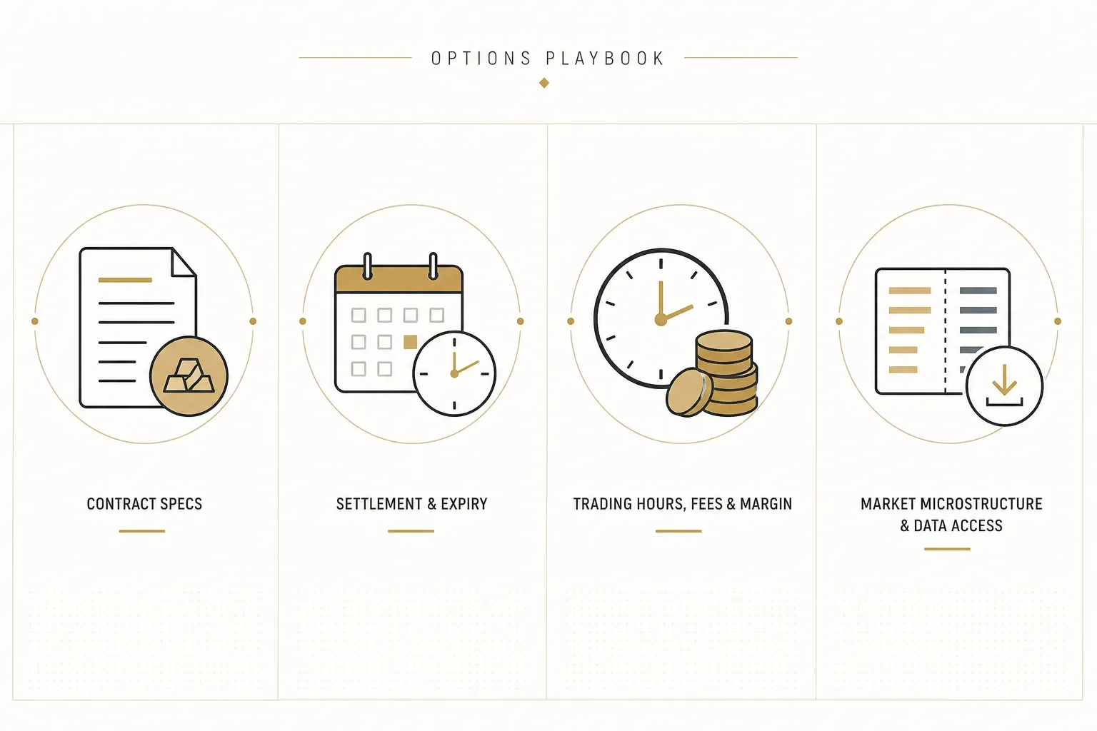 Four-panel infographic checklist for vetting new gold options listings covering contract specs, settlement, trading hours/fees, and microstructure/data access.