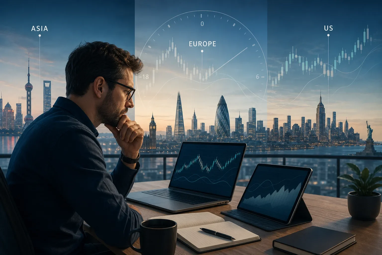 Editorial illustration of a trader auditing 24/7 market sessions on a laptop with a translucent 24‑hour clock and multi‑timezone skyline, landscape format.