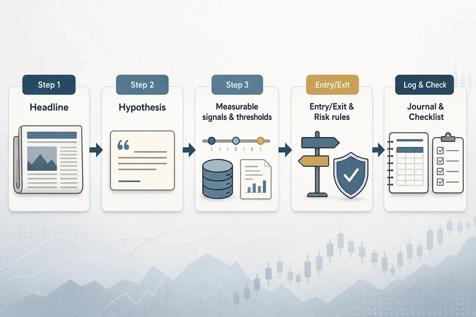 Horizontal infographic showing five steps from headline to hypothesis to measurable signals, entry/exit rules and a results journal.