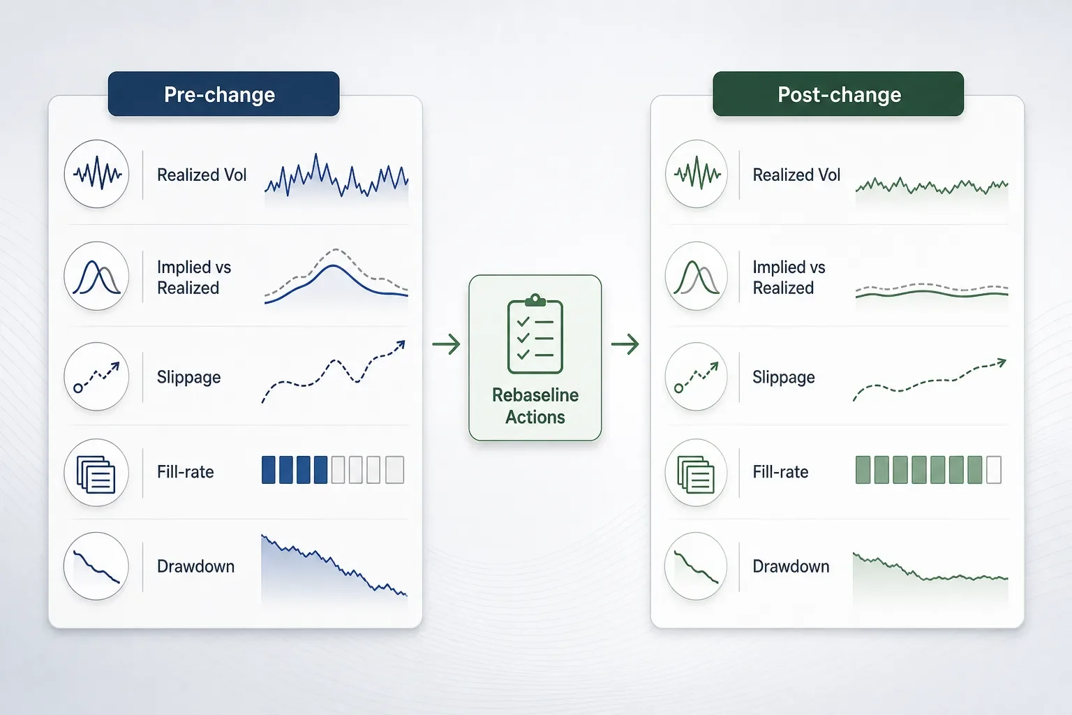 Two side-by-side comparison cards labeled Pre-change and Post-change showing abstract KPI rows for volatility, slippage, fill rate and drawdown using icons and non-numeric sparklines.