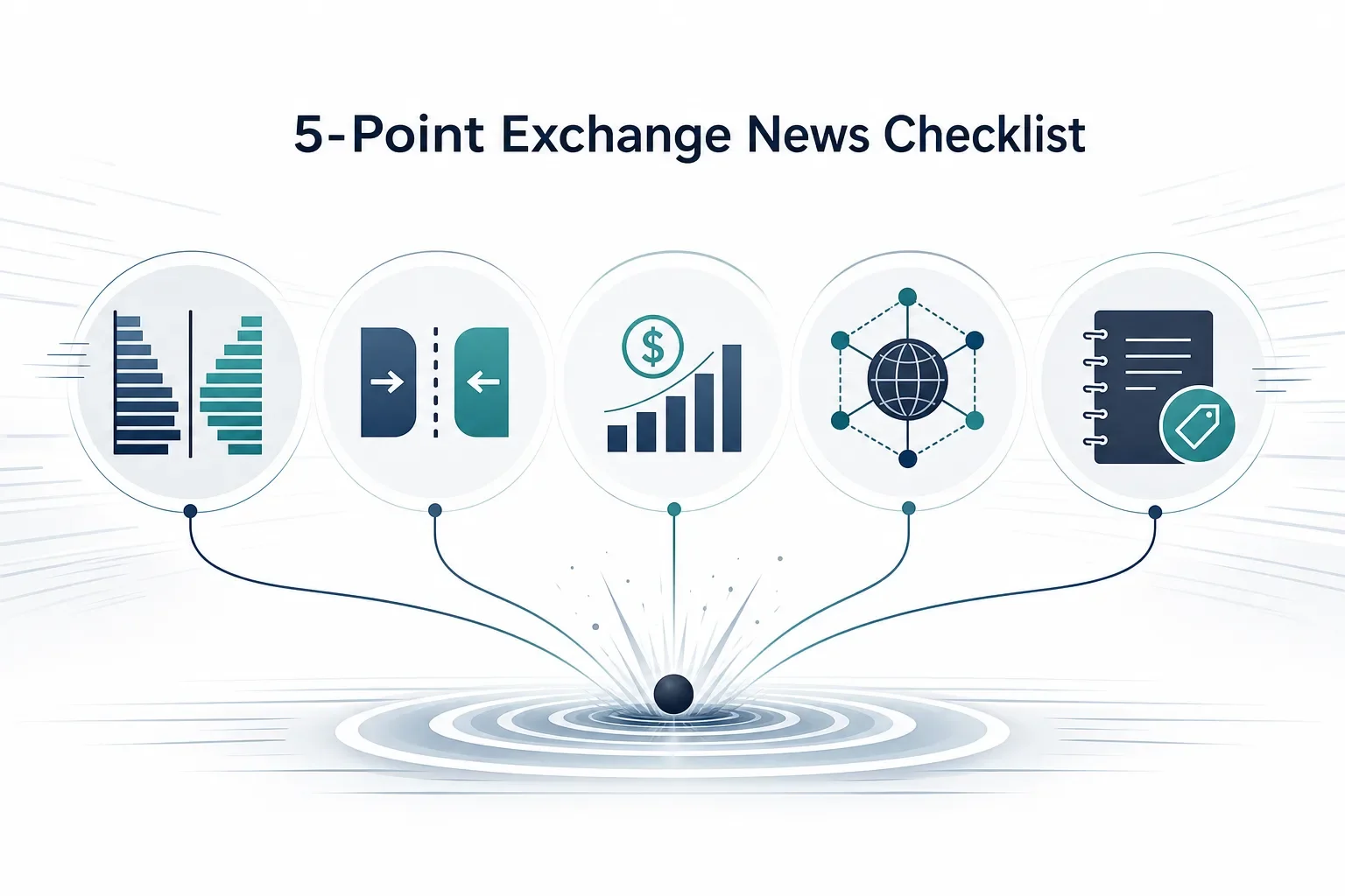 Landscape infographic with a short headline and five icons representing liquidity, spreads, open interest, cross-market signals, and trade tagging.