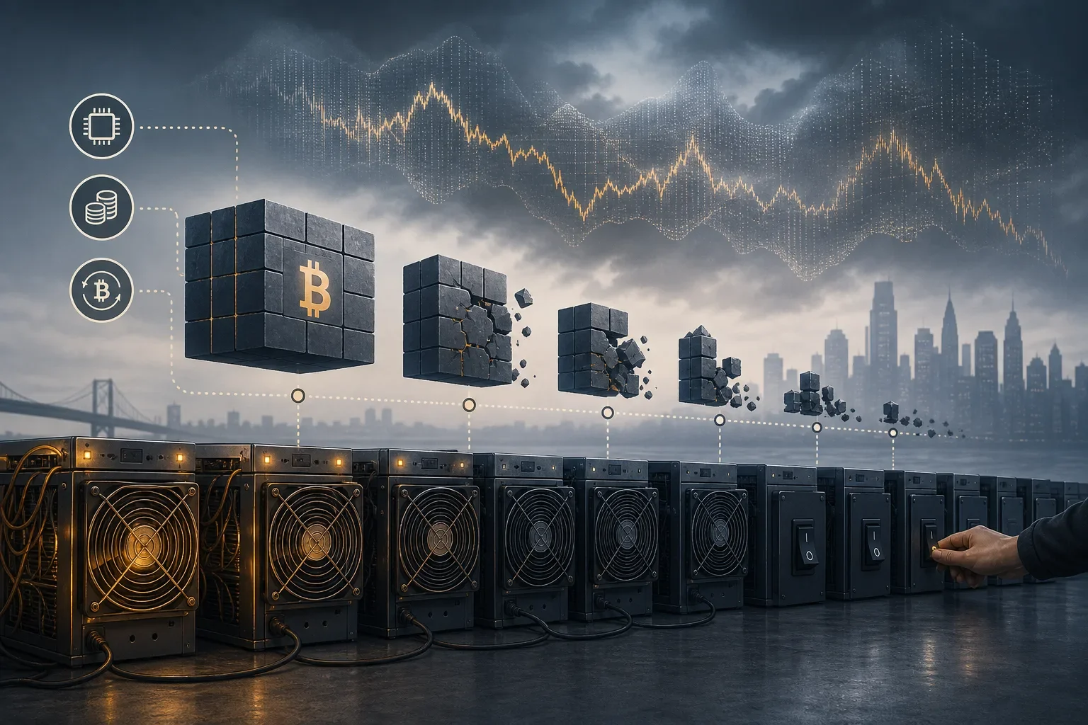 Editorial illustration of mining rigs powering down with shrinking difficulty blocks and subtle icons for hash rate, revenue and outflows.