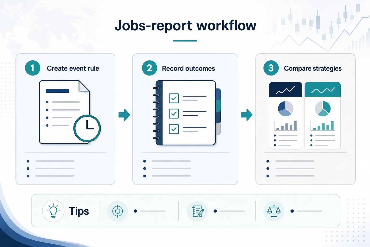 Three-panel landscape infographic showing workflow: create event rule, record outcomes in a journal, compare strategies side-by-side.