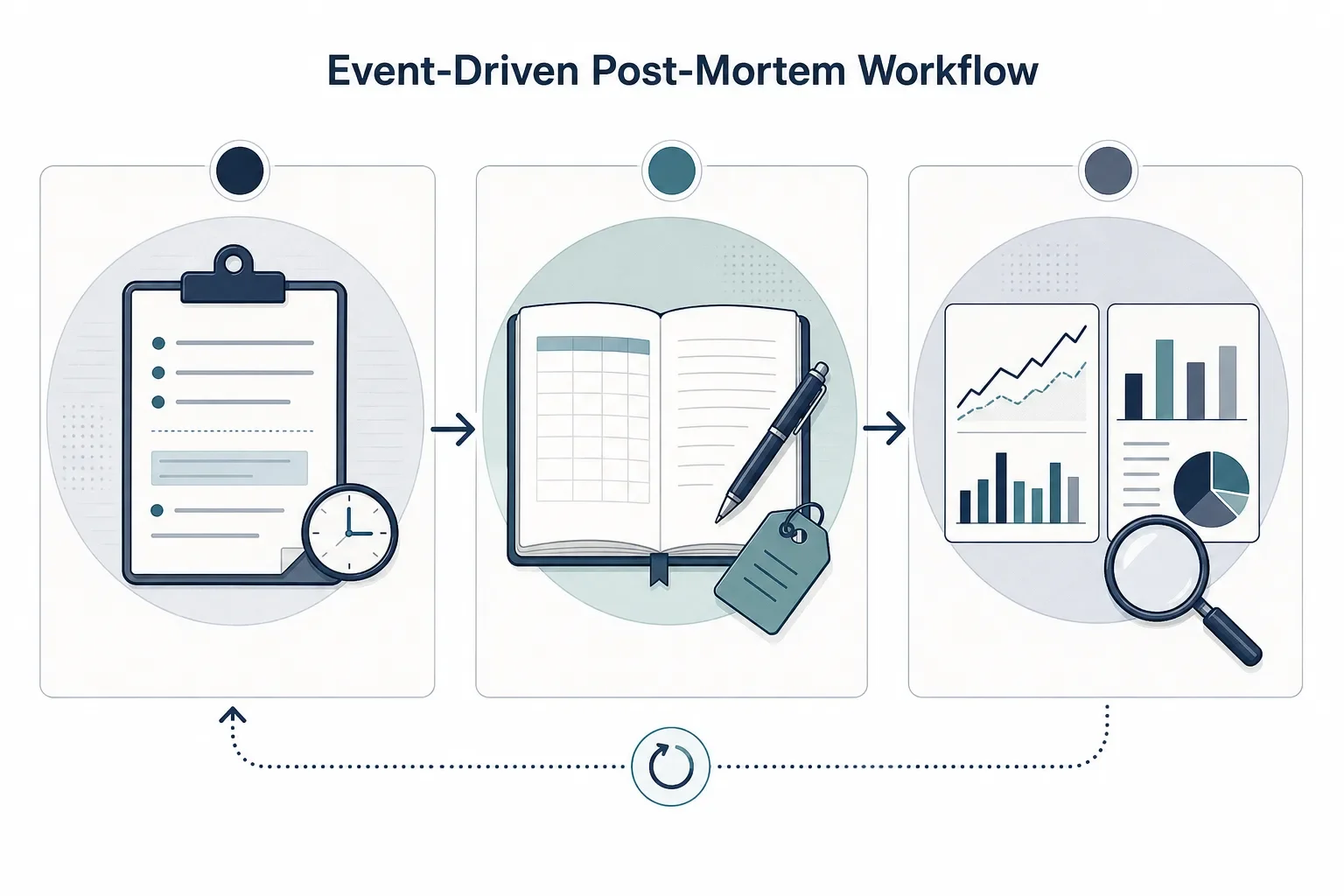 Three‑panel infographic showing a checklist flow: rules clipboard, open journal, and comparison charts, in a clean financial editorial style.