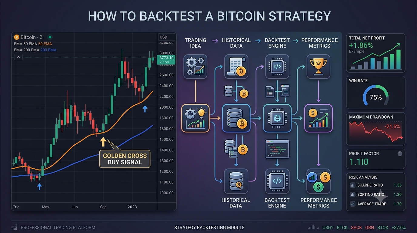 Illustration of a Bitcoin price chart showing a 50 EMA crossing above a 200 EMA with a BUY signal.