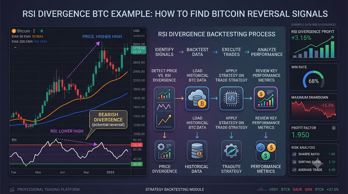 Bitcoin RSI divergence example showing price chart, RSI indicator, bullish divergence signal and backtesting workflow